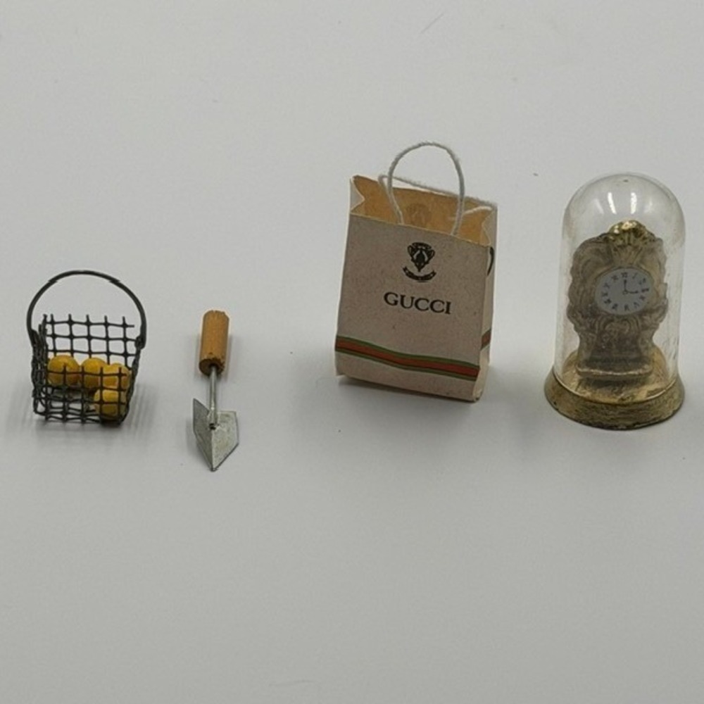 Miniature Dollhouse Accessories Set Gucci Bag Clock Garden Basket Trowel 4pc